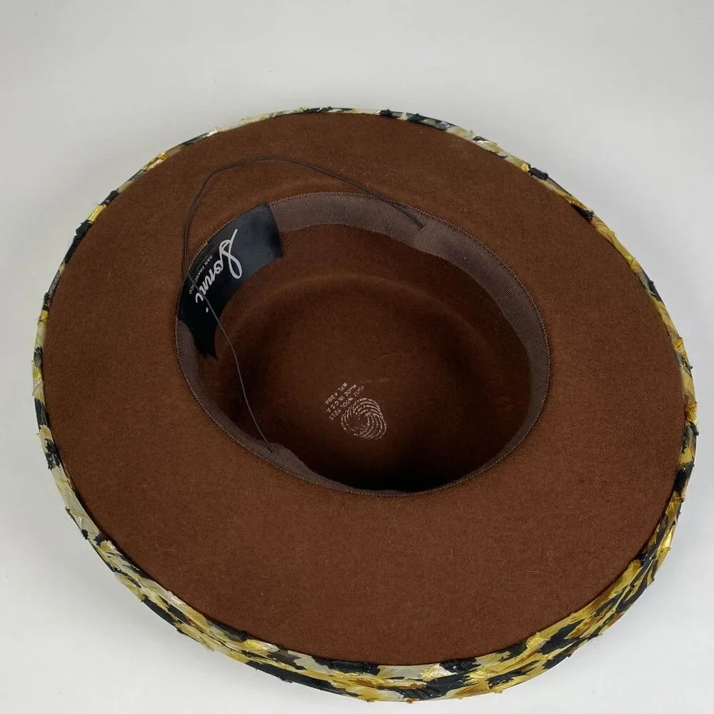 Sonni San Francisco Wool Felt Wide Brim Ladies Hat Leopard Print Ribbon Bow